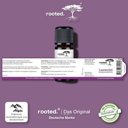 rooted.® ORGANISKĀ lavandas eļļa 10ml [100% TĪRA] - Īsta lavanda - Lavandula angustifolia - Ēteriskā eļļa aromterapijai, smaržu lampām, difuzoriem, telpu aromatizēšanai, aromātiskajām svecēm un ziepēm