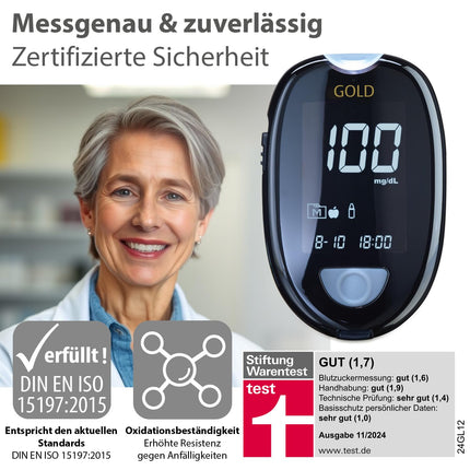 GlucoCheck GOLD asins glikozes mērītājs (mg/dl) glikozes līmeņa asinīs paškontrolei diabēta slimniekiem
