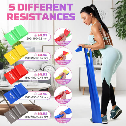 5 daļu fitnesa joslu komplekts, 1,5 m vingrošanas lentes pretestības lentes 5 stipruma pakāpēs, fitnesa lentes pretestības lentes Pilates jogas spēka treniņiem vīriešiem un sievietēm