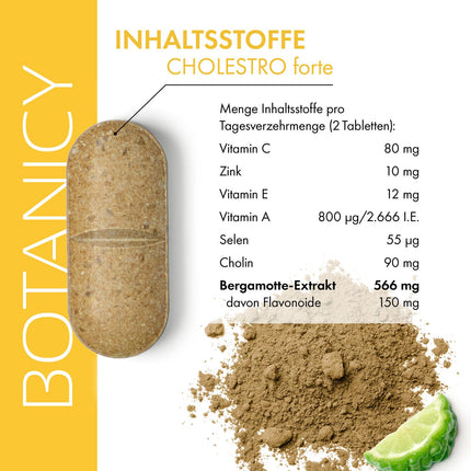 BOTANICY Cholestro Forte ar BERGAVIT® - dabiski pazemina holesterīna līmeni - bergamotes ekstrakts, A, C un E vitamīni, cinks, selēns un holīns - bez hormoniem, vegāns - 60 tabletes