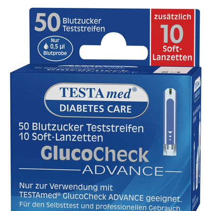 TESTAmed GlucoCheck Advance asins glikozes testa strēmeles ar mīkstām lancetēm, 50 asins glikozes testa strēmeles + 10 mīkstas lancetēm