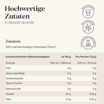Glow25® jūras kolagēna pulveris [300 g] - zivju kolagēna hidrolizāts - 1. un 3. tipa peptīdi - laba šķīdība - neitrāls