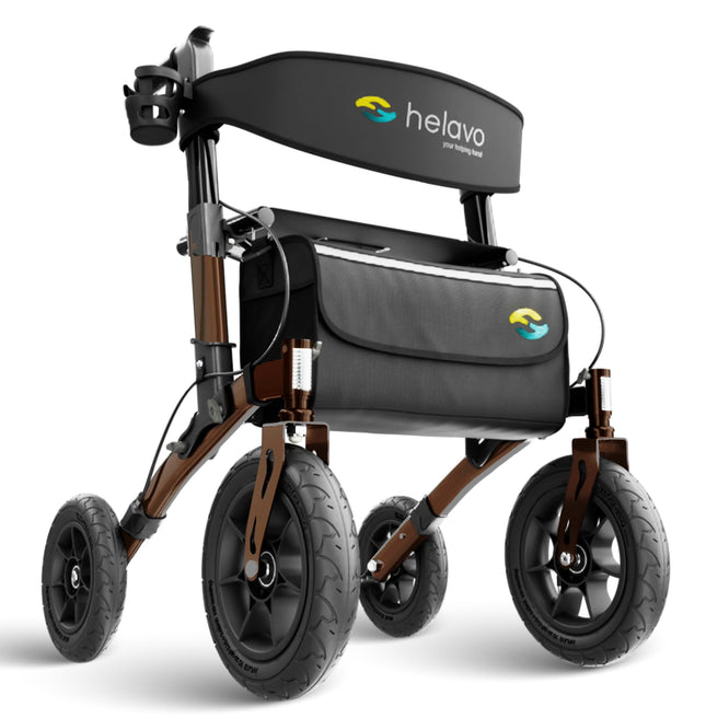 Helavo rollators ar necaurduramām cietgumijas riepām lietošanai ārpus telpām - salokāms alumīnija āra rollators ar sēdekli - maksimāla mobilitāte un komforts ārpus telpām