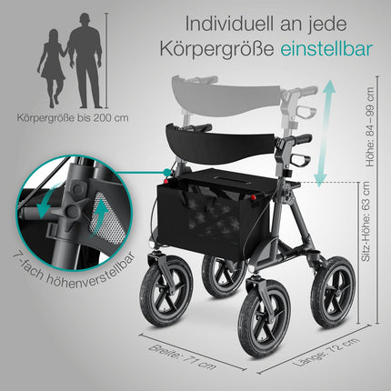 Salokāms un viegls maxVitalis Rollator ar sēdekli, āra rollator ar pneimatiskajām riepām, ieskaitot sēdekli, muguras siksnu, augstumā regulējamu alumīnija staigāšanas palīglīdzekli, ieskaitot somu un spieķu turētāju, antracīta krāsā