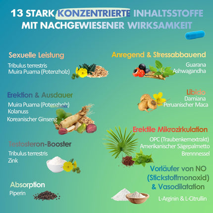 VIARIL - 20 īpaši stipras zilas kapsulas | Aktīviem vīriešiem ar tūlītēju un ilgtermiņa efektu | Augsta deva ar 13 aktīvajām sastāvdaļām (1630 mg), tostarp Muira Puama, žeņšeņu, maka un L-arginīnu