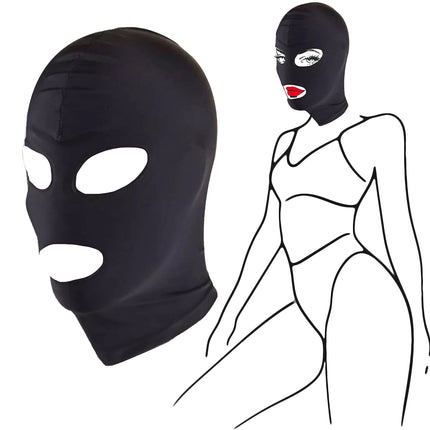 BDSM maska ​​no FOPS 100% spandekss SM maska ​​S/M izmēra vergiem un lomu spēlēm, stiepjas līdz 58 cm, brīva no acīm un mutes, elpojoša un ērta, ideāli piemērota seksa kontroles un stimulācijas spēlēm, melna FOPS B23-1