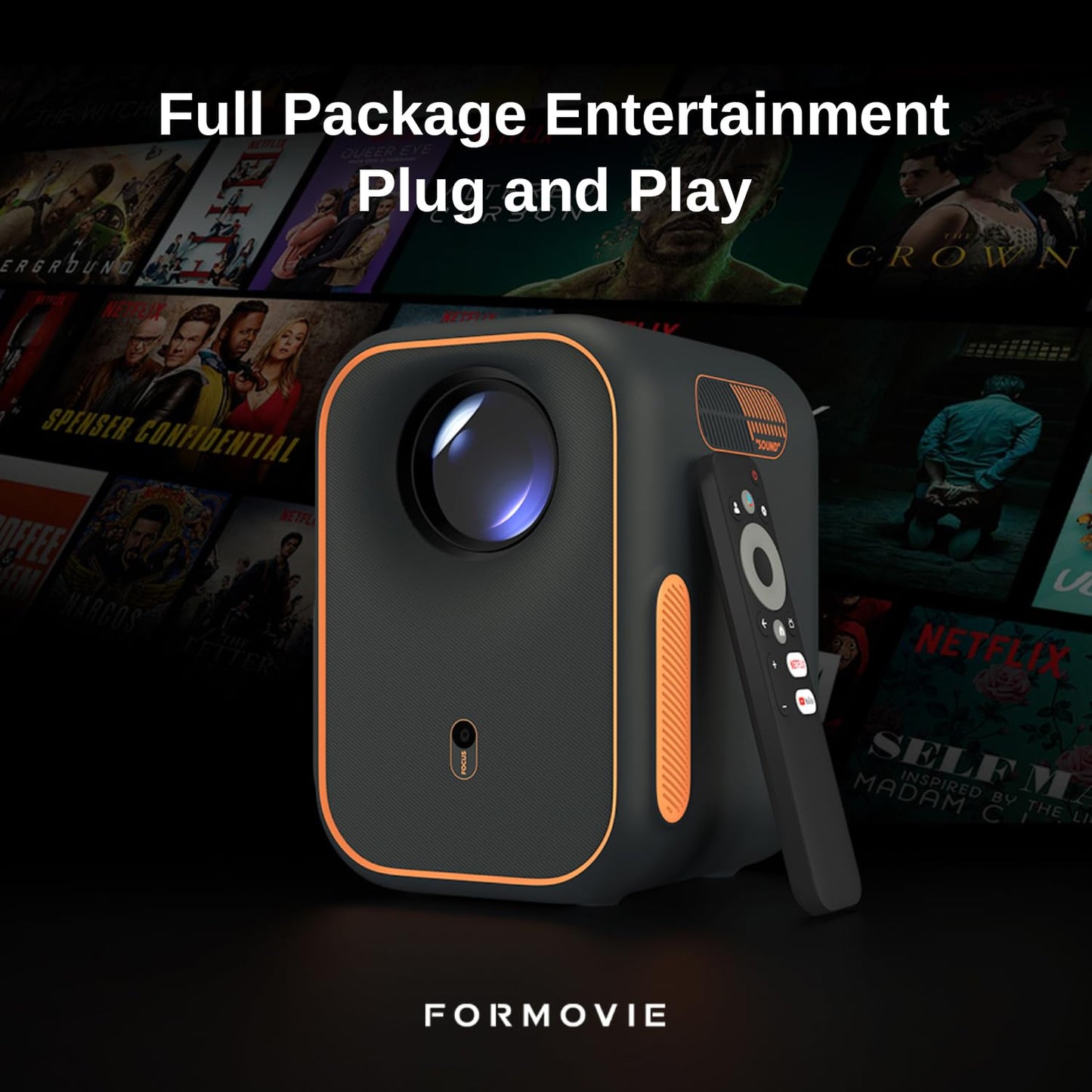 [Netflix sertificēts] Formovie Xming pirmās sērijas projektors, projektors ar WiFi Bluetooth, integrēts Netflix Google TV, 1080P 4K atbalstīts viedais projektors, Dolby Audio mājas kinozālei, pārnēsājams lietošanai ārpus telpām