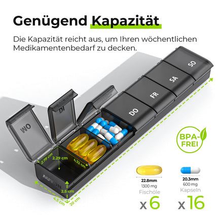 AUVON 7 dienu tablešu kastīte, tablešu organizators ar uzlabotu atvērtu dizainu, zāļu kastīte vācu valodā, pārnēsājama tablešu kastīte bez BPA medikamentiem, vitamīniem, zivju eļļai, uztura bagātinātājiem utt.