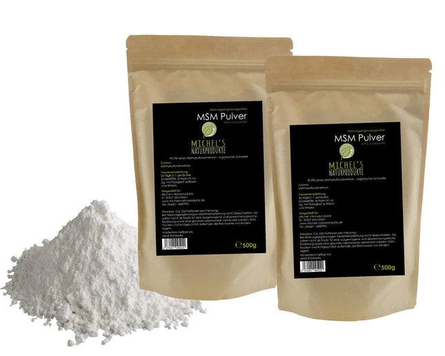 Michel's Natural Products - MSM pulveris, 1 kg (2 x 500 g), 99,9 % tīrs metilsulfonilmetāns, bez piedevām - bez ĢMO - vegāns, organiskais sērs