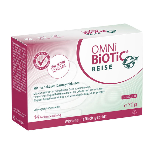 OMNi BiOTiC ceļojumi | 14 porcijas (70 g) | 10 baktēriju celmi | 5 miljardi baktēriju vienā dienas devā | Pulveris | Vegāns | Bez glutēna | Bez laktozes | Ikdienas lietošanai