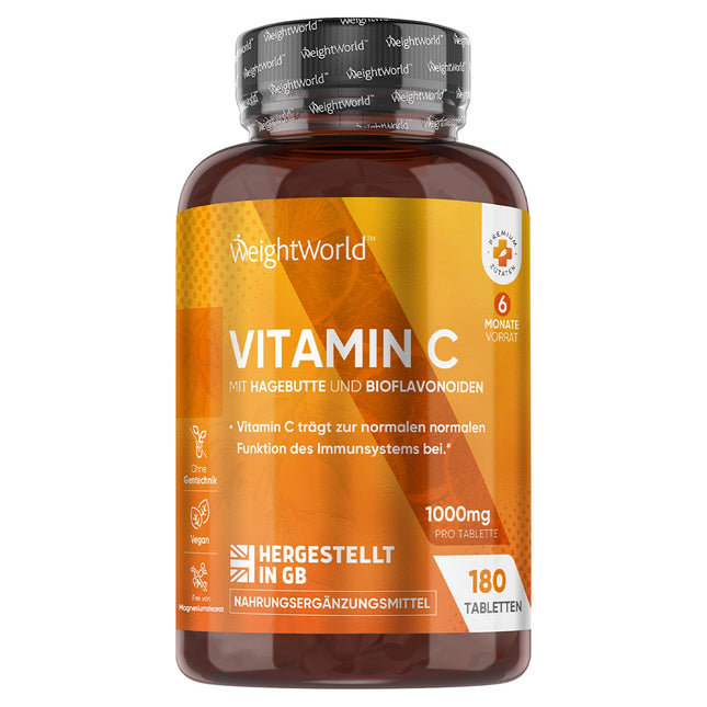 C vitamīns 1000 mg vienā tabletē - 180 vegānas tabletes 6 mēnešiem - C vitamīns L-askorbīnskābes veidā ar bioflavonoīdiem un mežrozītēm - WeightWorld