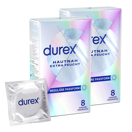 Durex Hautnah Extra Moist prezervatīvi – īpaši plāni, ar anatomisku, viegli uzvelkamu formu un samitrināti ar lielu daudzumu silikona lubrikanta – 16 prezervatīvi iepakojumā (2 x 8 prezervatīvi)