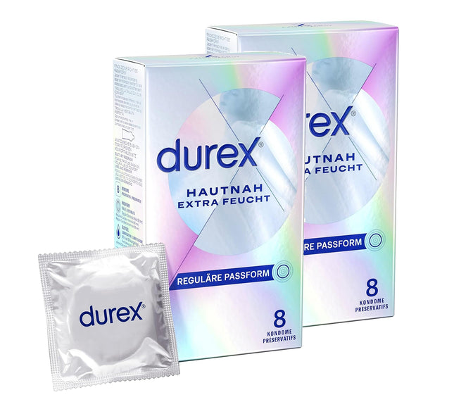 Durex Hautnah Extra Moist prezervatīvi – īpaši plāni, ar anatomisku, viegli uzvelkamu formu un samitrināti ar lielu daudzumu silikona lubrikanta – 16 prezervatīvi iepakojumā (2 x 8 prezervatīvi)