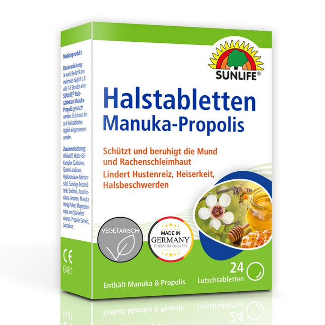 SUNLIFE Manuka-Propolisa kakla pastilas 1 x 24 gab. - Medus un propolisa tabletes - Rīkles pastilas pret klepu - Kakla sāpju pastilas - Pastilas ar Manuka un propolisu