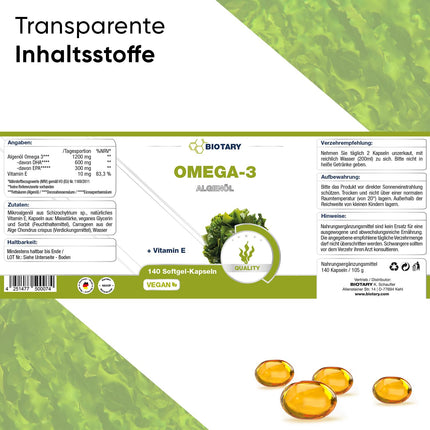 Omega 3 vegāns no aļģu eļļas 140 mīkstās kapsulas | 600 DHA un 300 EPA+ E vitamīns vienā dienas devā | apm. 3 mēnešu krājumi, ieskaitot tablešu kastīti | laboratoriski pārbaudīts | augsta biopieejamība