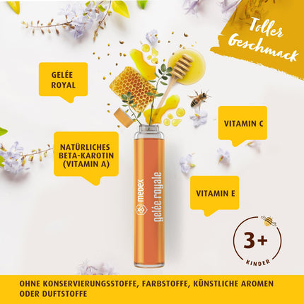 Medex Royal Jelly JUNIOR, svaigs peru pieniņš 250 mg, ar dabīgiem A, C un E vitamīniem, lieliska garša, bez saldinātājiem, bērniem no 3 gadu vecuma, šķidrums ampulās 10 x 9 ml
