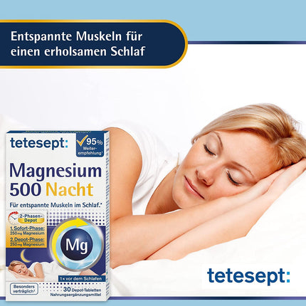 tetesept Magnesium 500 Night – uztura bagātinātājs ar augstu magnija devu – atslābināti muskuļi miega laikā ar magnija tabletēm – 1 x 30 tabletes
