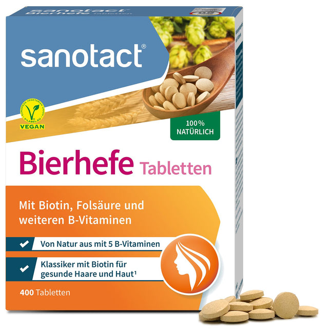 sanotact alus rauga tabletes (400 tabletes) • 100% dabīgs alus raugs, vegāns • Ar biotīnu skaistam apmatojumam un veselīgai ādai • 6 B vitamīni • Piemērots arī suņiem • Rauga tabletes