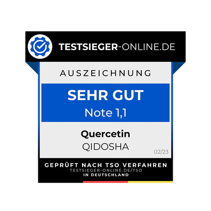 QIDOSHA® kvercetīna kapsulas ar augstu devu, TESTA UZVARĒTĀJS 02/23*, 120 gab./burciņā, 500 mg tīra kvercetīna vienā kapsulā, kvercetīna saturs pārbaudīts ārējā laboratorijā, ražots Vācijā