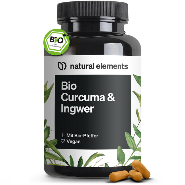 natural elements Bioloģiskā kurkuma un ingvers – 180 kapsulas – Bioloģiskā kurkuma, bioloģiskais ingvers un bioloģiskie pipari – ar kurkumīnu un piperīnu – Augsta deva – Ražots Vācijā un laboratorijā pārbaudīts vegāns
