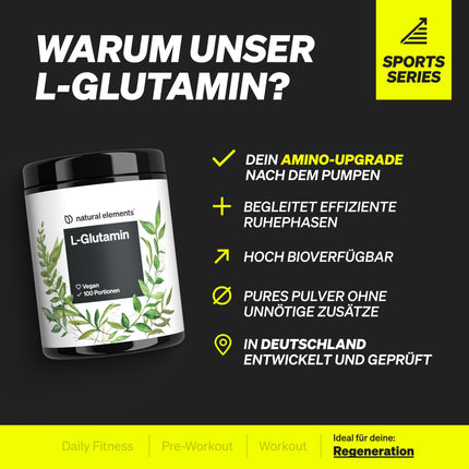 L-glutamīna pulveris – 500 g – tīrs L-glutamīns – bezgaršīgs – vegāns, augsta deva, bez piedevām – izstrādāts Vācijā