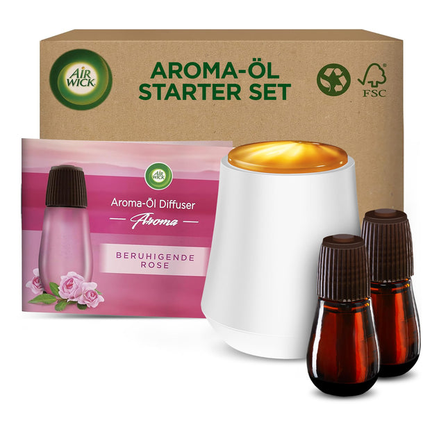 Air Wick Aroma eļļas pudeļu sākuma komplekts - difuzors ar 2 uzpildēm - aromterapija - aromāts: nomierinoša roze - ziedu telpas aromāts ar ēteriskajām eļļām - 2 x 20 ml eļļas + ierīce baltā krāsā