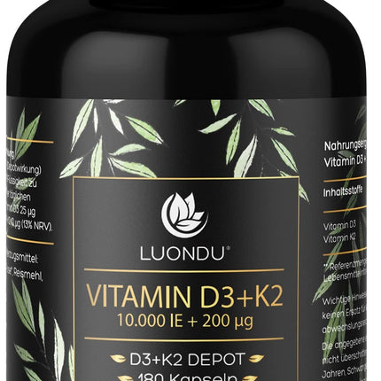 Luondu D3 vitamīns 10 000 SV + K2 vitamīns MK7 200 mcg Depot (augstas devas un vegāns) D3 K2 vitamīna kapsulas, augsta deva (180 kapsulas)