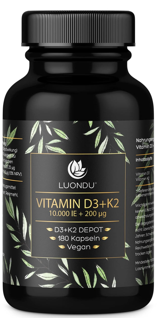Luondu D3 vitamīns 10 000 SV + K2 vitamīns MK7 200 mcg Depot (augstas devas un vegāns) D3 K2 vitamīna kapsulas, augsta deva (180 kapsulas)