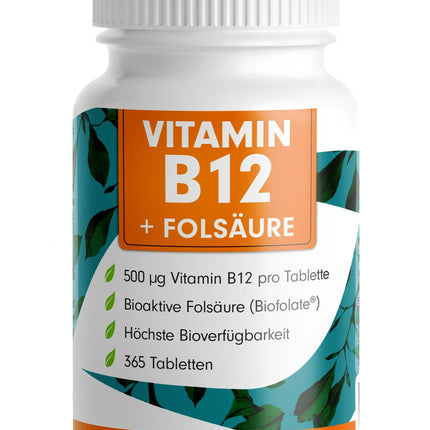 VITAMĪNS B12 lielā devā - 365 tabletes ar 500µg B12 vitamīna + 200µg Biofolate® folskābes - metilkobalamīns, adenozilkobalamīns un hidroksokobalamīns, B12 vitamīns - laboratoriski pārbaudīts ar sertifikātu - 100% vegāns