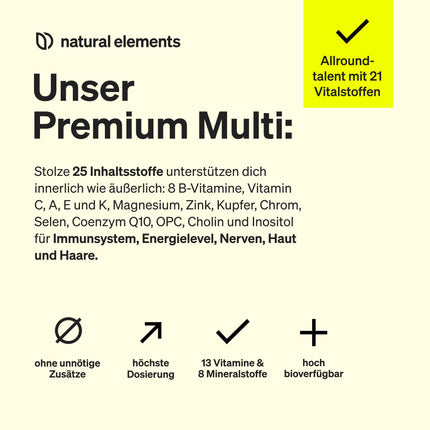 Premium multivitamīni – 180 augstas devas kompleksās kapsulas – vērtīgi vitamīni AZ – augstākās kvalitātes izejvielas – ar bioaktīvām formām – bez nevajadzīgām piedevām – ražots Vācijā un laboratorijā pārbaudīts