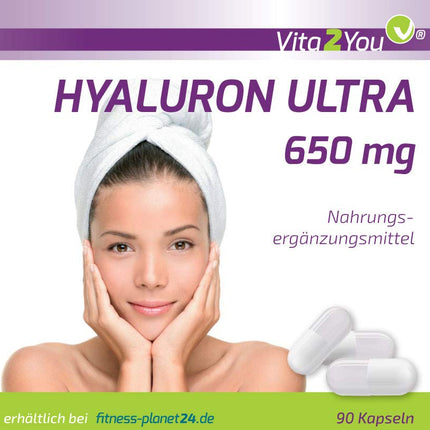 Vita2You hialuronskābe Ultra 650 mg - 90 vegānas kapsulas - augu izcelsmes, fermentētas - 500-700 kDa - augsta deva - 3 mēnešu krājumi - bez piedevām - hialuronskābe - augstākā kvalitāte