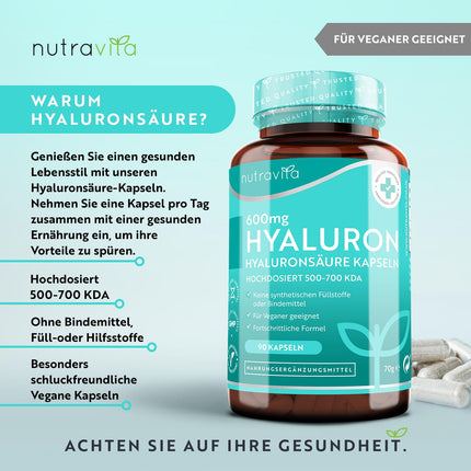 Nutravita® 600 mg hialuronskābes kapsulas ar augstu devu - ar 600 mg vienā kapsulā - 500-700 kDa - 90 kapsulas (3 mēneši) - Partijas testēšana un sertifikācija neatkarīgā Vācijas laboratorijā - Vegāns