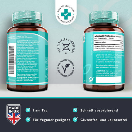 Nutravita® 600 mg hialuronskābes kapsulas ar augstu devu - ar 600 mg vienā kapsulā - 500-700 kDa - 90 kapsulas (3 mēneši) - Partijas testēšana un sertifikācija neatkarīgā Vācijas laboratorijā - Vegāns