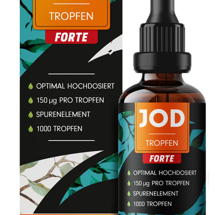 Joda pilieni FORTE 1000x ar 150 µg joda vienā pilienā – optimāli augsta deva – tikai 1 piliens dienā – bioloģiski pieejams jods no kālija jodīda – bezalkoholisks un vegānisks – laboratoriski pārbaudīts ar sertifikātu