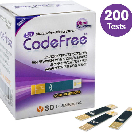 SD CodeFree asins glikozes testa strēmeles 200 gab., izdevīgs iepakojums diabēta (cukura slimības) glikozes līmeņa asinīs mērīšanai