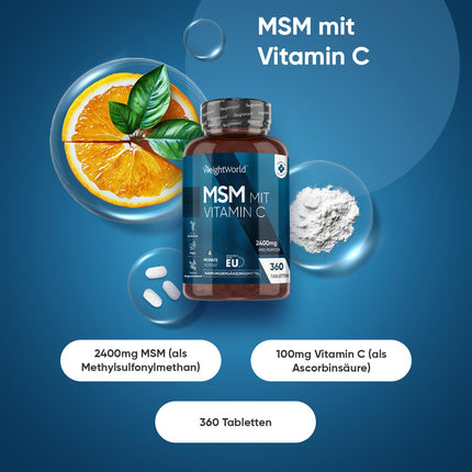 MSM 2400 mg ar 100 mg C vitamīna - 360 vegānas tabletes 6 mēnešu krājumam - Metilsulfonilmetāns un C vitamīns - Alternatīva kapsulām un pulverim - Bez glutēna un magnija stearāta - WeightWorld