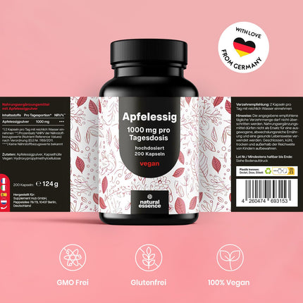 Ābolu sidra etiķa kapsulas - 200 kapsulas Augsta deva - 1000 mg vienā porcijā - Metabolisms Ābolu sidra etiķa kapsulas, ābolu sidra etiķa tabletes - Vegāns un ražots Vācijā, laboratorijā pārbaudīts