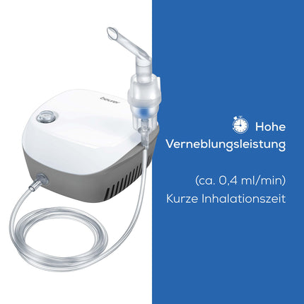 Beurer IH 18 inhalators ar kompresora gaisa tehnoloģiju, inhalācijas ierīce augšējo un apakšējo elpceļu ārstēšanai, piemērota pieaugušajiem un bērniem, balta, 8 daļu komplekts