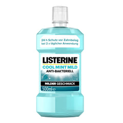 LISTERINE Cool Mint Mild (500 ml), antibakteriāls mutes skalošanas līdzeklis ar ēteriskajām eļļām un bezalkoholisks, maigs zobu kopšanas līdzeklis, samazina aplikumu, efektīvi cīnās ar sliktu elpu.