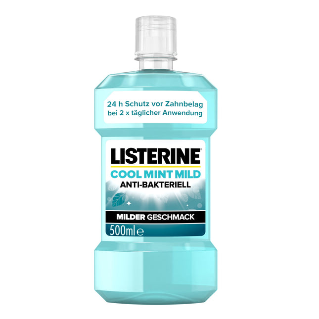 LISTERINE Cool Mint Mild (500 ml), antibakteriāls mutes skalošanas līdzeklis ar ēteriskajām eļļām un bezalkoholisks, maigs zobu kopšanas līdzeklis, samazina aplikumu, efektīvi cīnās ar sliktu elpu.