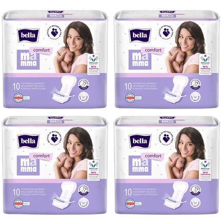bella Mamma comfort pēcdzemdību ieliktnīši 4 iepakojumā (4 x 10 gabali), ko iesaka vecmātes, uzticama aizsardzība pēc dzemdībām