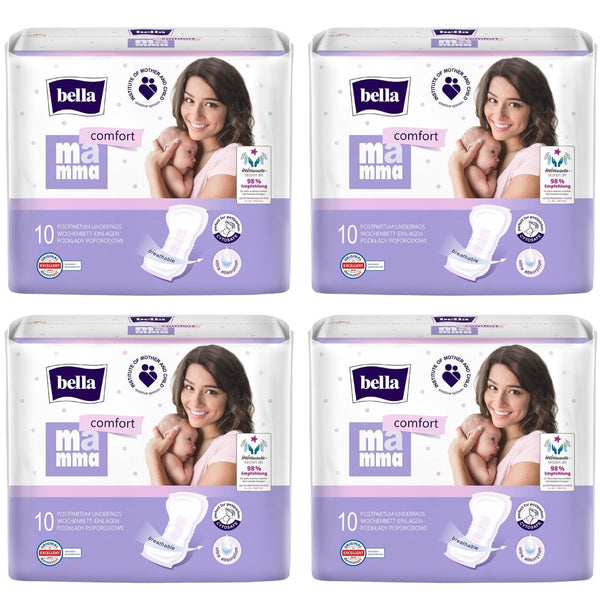 bella Mamma comfort pēcdzemdību ieliktnīši 4 iepakojumā (4 x 10 gabali), ko iesaka vecmātes, uzticama aizsardzība pēc dzemdībām