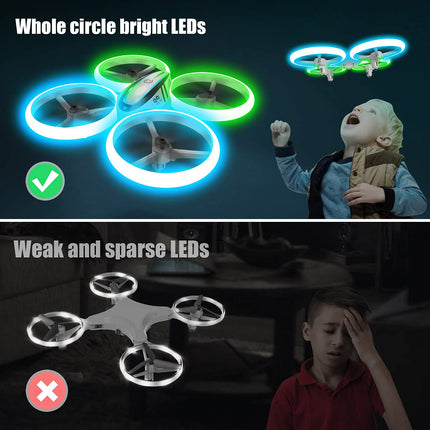 AVIALOGIC Q9s drons bērniem ar augstuma noturēšanu un bezgalvas režīmu, tālvadības kvadrokopters ar zilām un zaļām gaismām un 2 baterijām, rotaļu drons bērniem un iesācējiem