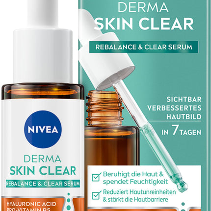 NIVEA Derma Skin Clear Rebalance &amp; Clear Serum, sejas kopšana redzami uzlabotai sejas ādai, mitrinošs hialuronskābes serums ar niacinamīdu (30 ml)
