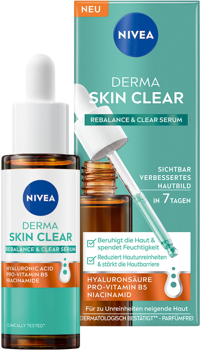 NIVEA Derma Skin Clear Rebalance &amp; Clear Serum, sejas kopšana redzami uzlabotai sejas ādai, mitrinošs hialuronskābes serums ar niacinamīdu (30 ml)