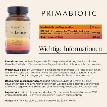 Primabiotic BERBERINE 400MG - 60 vegānas kapsulas | Berberis Vulgaris ekstrakts | Dabisks atbalsts vielmaiņai un aknu veselībai | Maksimālā absorbcija | Aknu gremošana, zarnu darbība