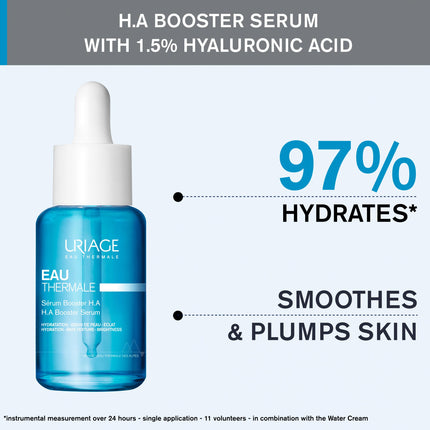 Uriage Hydro-Active HA BOOSTER serums ar 1,5% tīras un dabīgas hialuronskābes - par 86% pilnīgāka āda. Persiku maigas ādas efekts, salds aromāts - Bez parabēniem - Nekomedogēns - 30ml