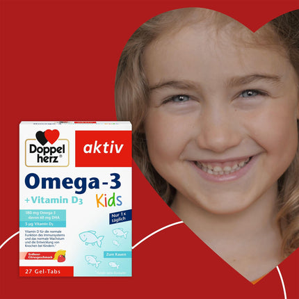 Doppelherz Omega-3 + D3 Kids - D vitamīns nepieciešams veselīgai bērnu augšanai un kaulu attīstībai - 27 želejas tabletes