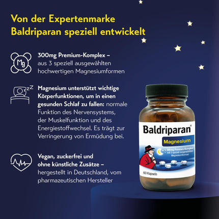 Baldriparan® Magnesium - augstas devas augstākās kvalitātes komplekss ar magnija bisglicinātu no aptiekas. Augsta biopieejamība. Laboratorijā pārbaudīts, vegāns un bez mākslīgām piedevām.