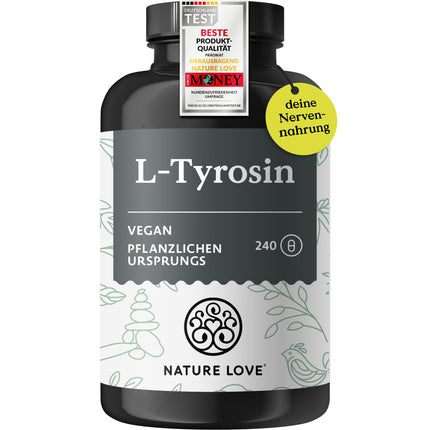 Nature Love L-tirozīns 240 vegāniskās kapsulas - 1000 mg dienā - 4 mēnešu krājumi - no fermentācijas, laboratorijā pārbaudīts un ražots Vācijā - bez nevēlamām piedevām